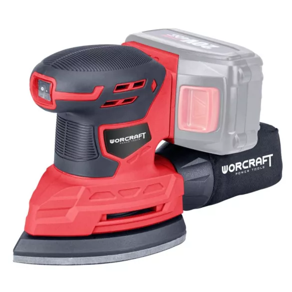 Akkumulátoros multicsiszoló, Worcraft CPMS-S20Li ShareSYS, piros/fekete, 20 V Li-Ion, csiszolótalp: háromszög 145 x 95 x 145 mm, rezgéstartomány: 11 000/perc, porgyűjtő tartály, akkumulátor és töltő nélkül