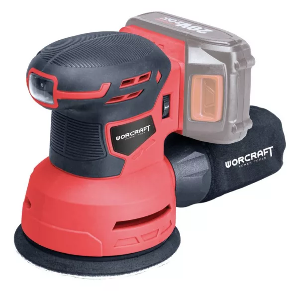 Akkumulátoros excentercsiszoló, Worcraft CRS-S20Li ShareSYS, piros/fekete, 20 V Li-Ion, csiszolótányér: 125 mm, rezgéstartomány: 0-12 000/perc, akkumulátor és töltő nélkül