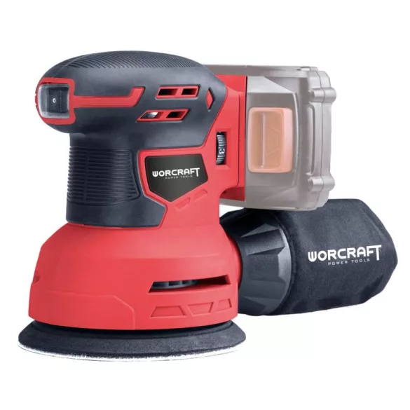 Akkumulátoros excentercsiszoló, Worcraft CRS-S20Li ShareSYS, piros/fekete, 20 V Li-Ion, csiszolótányér: 125 mm, rezgéstartomány: 0-12 000/perc, akkumulátor és töltő nélkül