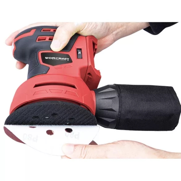 Akkumulátoros excentercsiszoló, Worcraft CRS-S20Li ShareSYS, piros/fekete, 20 V Li-Ion, csiszolótányér: 125 mm, rezgéstartomány: 0-12 000/perc, akkumulátor és töltő nélkül