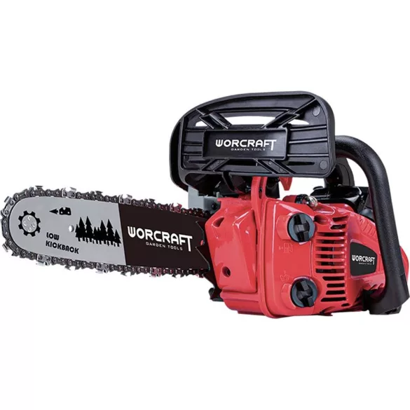 Benzinmotoros láncfűrész, Worcraft GCS26-10A, piros/fekete, 750 W, vezetősín: 25,4 cm, üzemanyagtartály: 230 ml, 160 ml olajtartály