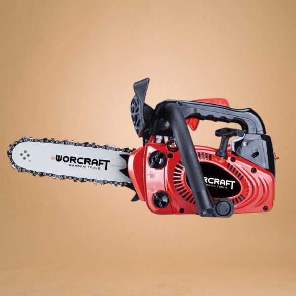 Benzinmotoros láncfűrész, Worcraft GCS26-10, piros/fekete, 700 W, vezetősín: 25,4 cm, üzemanyagtartály: 230 ml, 160 ml olajtartály