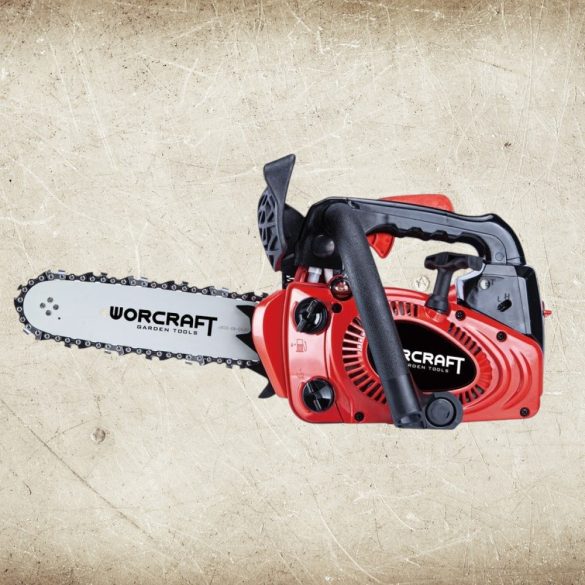 Benzinmotoros láncfűrész, Worcraft GCS26-10, piros/fekete, 700 W, vezetősín: 25,4 cm, üzemanyagtartály: 230 ml, 160 ml olajtartály