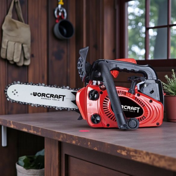 Benzinmotoros láncfűrész, Worcraft GCS26-10, piros/fekete, 700 W, vezetősín: 25,4 cm, üzemanyagtartály: 230 ml, 160 ml olajtartály