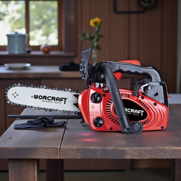 Benzinmotoros láncfűrész, Worcraft GCS26-10, piros/fekete, 700 W, vezetősín: 25,4 cm, üzemanyagtartály: 230 ml, 160 ml olajtartály