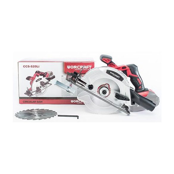 Akkumulátoros körfűrész, Worcraft CCS-S20Li ShareSYS, 4 Ah 20 V Li-Ion, 165 mm tárcsa, 3800 fordulat/perc, 0-45° állítható, akkumulátor és töltő nélkül