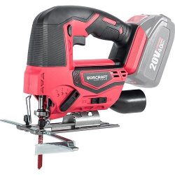   Akkumulátoros szúrófűrész, Worcraft CJS-S20Li ShareSYS, piros/fekete, 4 Ah 20 V Li-Ion, 0-2500 löket/perc, 0-45° állítható, akkumulátor és töltő nélkül