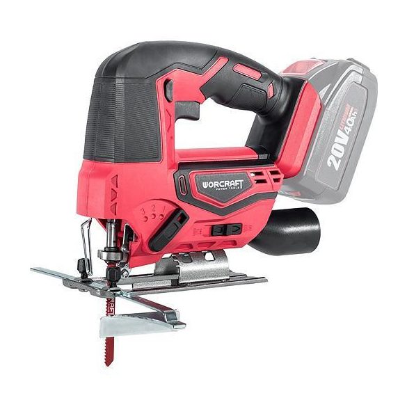 Akkumulátoros szúrófűrész, Worcraft CJS-S20Li ShareSYS, piros/fekete, 4 Ah 20 V Li-Ion, 0-2500 löket/perc, 0-45° állítható, akkumulátor és töltő nélkül