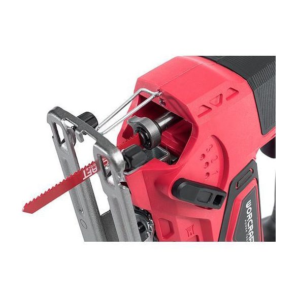 Akkumulátoros szúrófűrész, Worcraft CJS-S20Li ShareSYS, piros/fekete, 4 Ah 20 V Li-Ion, 0-2500 löket/perc, 0-45° állítható, akkumulátor és töltő nélkül