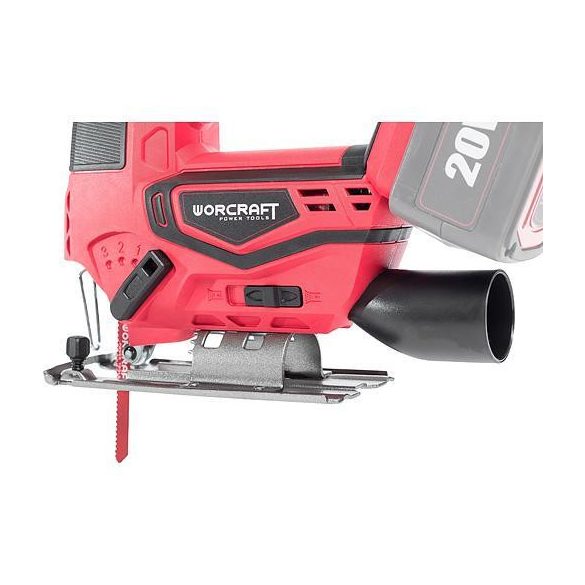 Akkumulátoros szúrófűrész, Worcraft CJS-S20Li ShareSYS, piros/fekete, 4 Ah 20 V Li-Ion, 0-2500 löket/perc, 0-45° állítható, akkumulátor és töltő nélkül