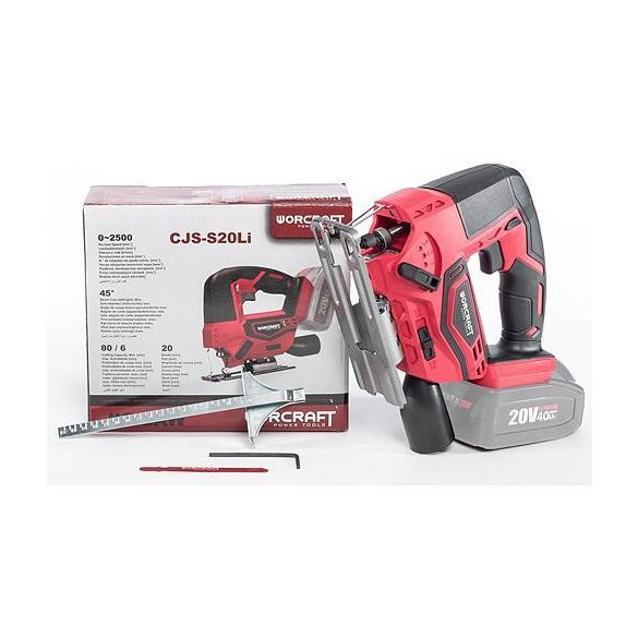 Akkumulátoros szúrófűrész, Worcraft CJS-S20Li ShareSYS, piros/fekete, 4 Ah 20 V Li-Ion, 0-2500 löket/perc, 0-45° állítható, akkumulátor és töltő nélkül