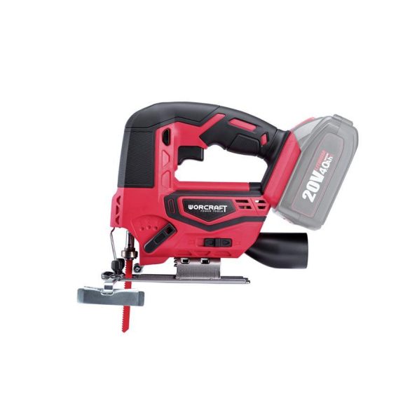 Akkumulátoros szúrófűrész, Worcraft CJS-S20Li ShareSYS, piros/fekete, 4 Ah 20 V Li-Ion, 0-2500 löket/perc, 0-45° állítható, akkumulátor és töltő nélkül