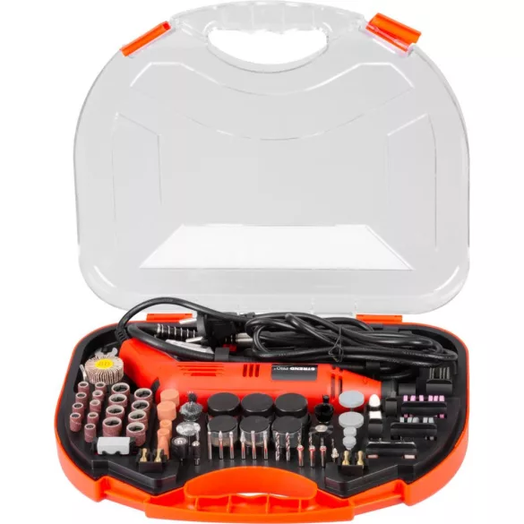 Elektromos egyenes csiszoló, Strend Pro, piros, 130 W, 230 V, fordulatszám: 8000-30 000 fordulat/perc, 210 db tartozékkal