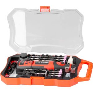 Akkumulátoros csiszológép, Strend Pro, mini egyenes, fúráshoz és csiszoláshoz, 8 V, 1500 mAh, 51 db tartozék
