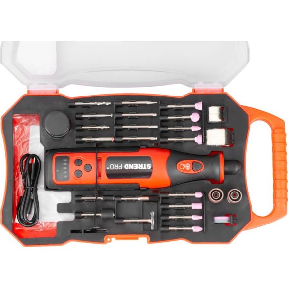 Akkumulátoros csiszológép, Strend Pro, mini egyenes, fúráshoz és csiszoláshoz, 8 V, 1500 mAh, 51 db tartozék