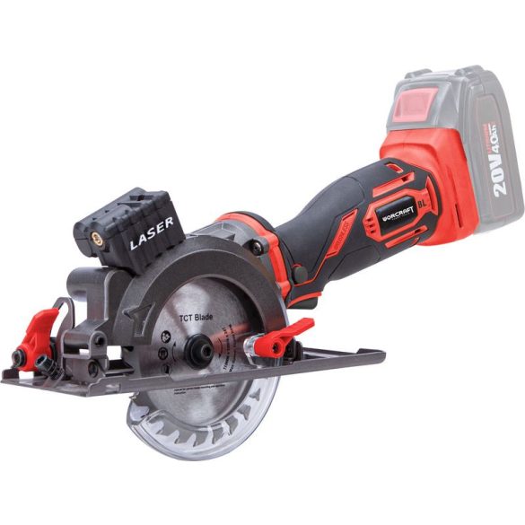 Akkumulátoros körfűrész, Worcraft CMCS-S20LiB ShareSYS, mini, 4 Ah 20 V Li-Ion, 115 mm tárcsa, 5000 fordulat/perc, 42,8 cm vágásmélység, merülővágás