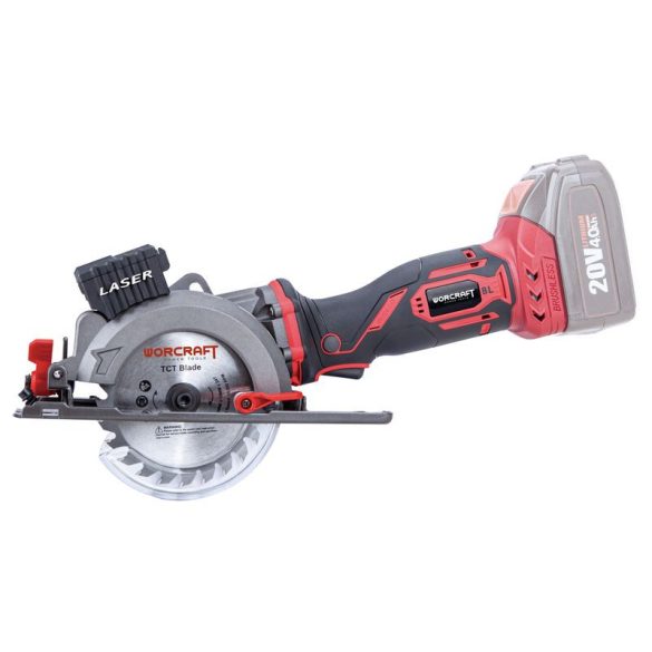 Akkumulátoros körfűrész, Worcraft CMCS-S20LiB ShareSYS, mini, 4 Ah 20 V Li-Ion, 115 mm tárcsa, 5000 fordulat/perc, 42,8 cm vágásmélység, merülővágás