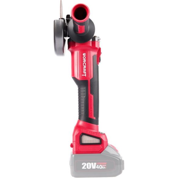 Akkumulátoros sarokcsiszoló, Worcraft CAG-S20LiBH ShareSYS, piros/fekete, 125 mm, 20 V Li-Ion, 8500 fordulat/perc, gyorskioldó, akkumulátor és töltő nélkül