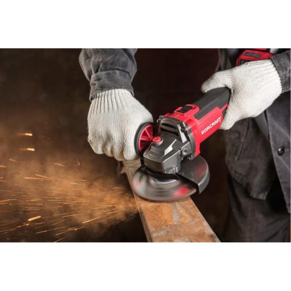 Akkumulátoros sarokcsiszoló, Worcraft CAG-S20LiBH ShareSYS, piros/fekete, 125 mm, 20 V Li-Ion, 8500 fordulat/perc, gyorskioldó, akkumulátor és töltő nélkül