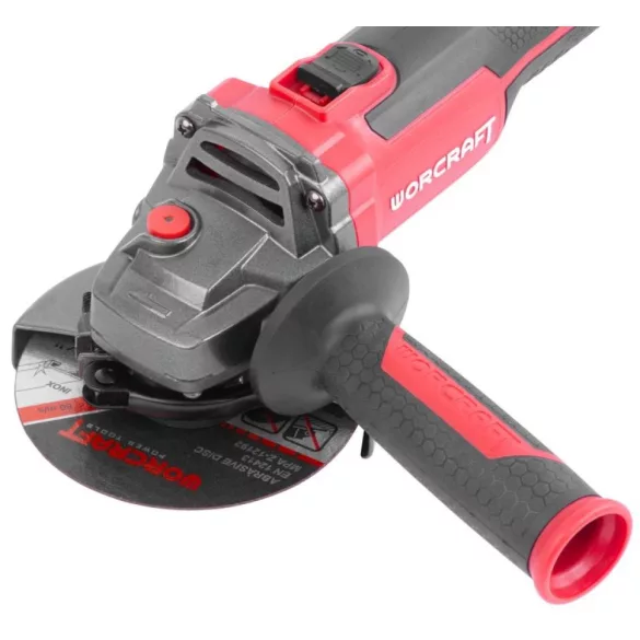 Akkumulátoros sarokcsiszoló, Worcraft CAG-S20LiBH ShareSYS, piros/fekete, 115 mm, 20 V Li-Ion, 8500 fordulat/perc, gyorskioldó, akkumulátor és töltő nélkül