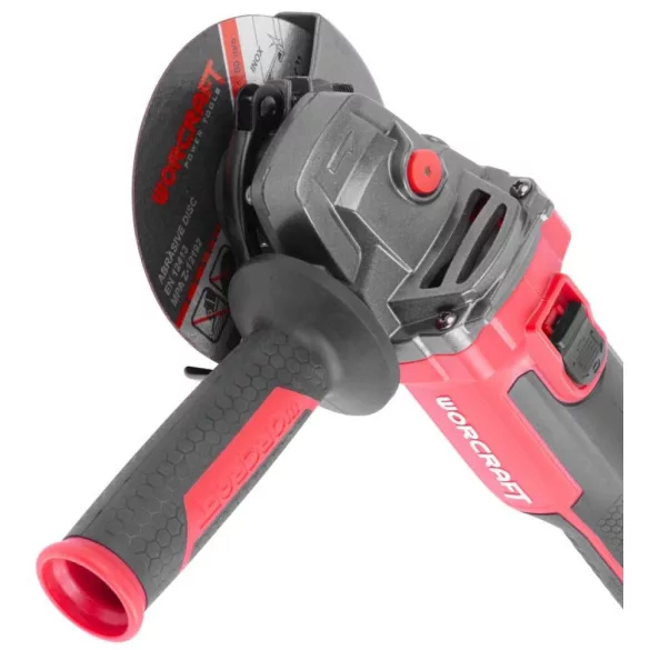 Akkumulátoros sarokcsiszoló, Worcraft CAG-S20LiBH ShareSYS, piros/fekete, 115 mm, 20 V Li-Ion, 8500 fordulat/perc, gyorskioldó, akkumulátor és töltő nélkül