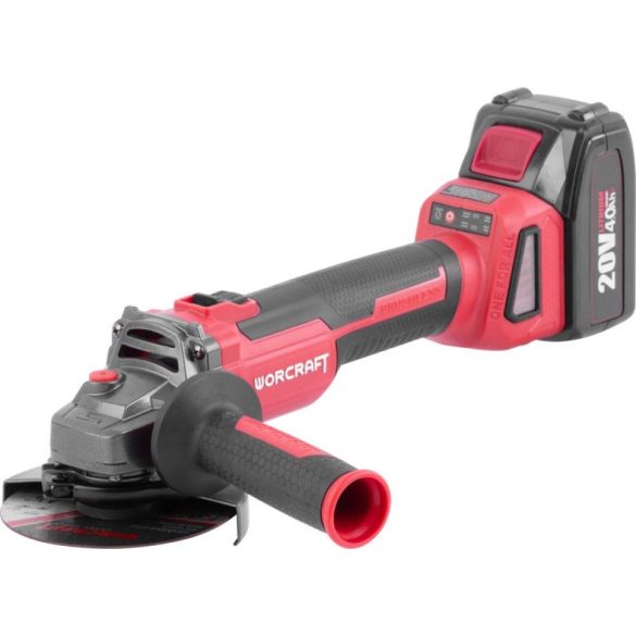 Akkumulátoros sarokcsiszoló, Worcraft CAG-S20LiBH ShareSYS, piros/fekete, 115 mm, 20 V Li-Ion, 8500 fordulat/perc, gyorskioldó, akkumulátorral és töltővel, kofferben