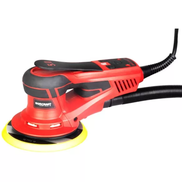 Elektromos excentercsiszoló, Worcraft OS04-150, piros/fekete, 350 W, 230 V, csiszolótányér: 150 mm, rezgéstartomány: 4000-10 000/perc, porszívó adapter
