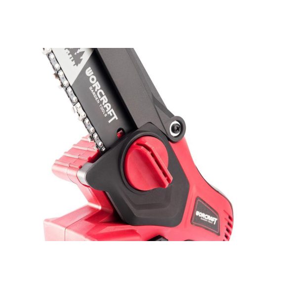 Akkumulátoros láncfűrész, Worcraft CHS-S20LiBP ShareSYS, piros/fekete, mini, 2-4 Ah 20V Li-Ion, vezetősín: 15 cm, 7,5 m/s láncsebesség, 40 ml olajtartály, akkumulátor és töltő nélkül