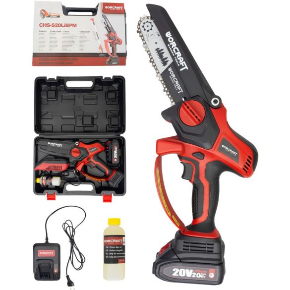 Akkumulátoros láncfűrész, Worcraft CHS-S20LiBPM ShareSYS, piros/fekete, mini, 2 Ah 20 V Li-Ion, vezetősín: 15 cm, 7,5 m/s láncsebesség, akkumulátorral, töltővel, láncolajjal, kofferben