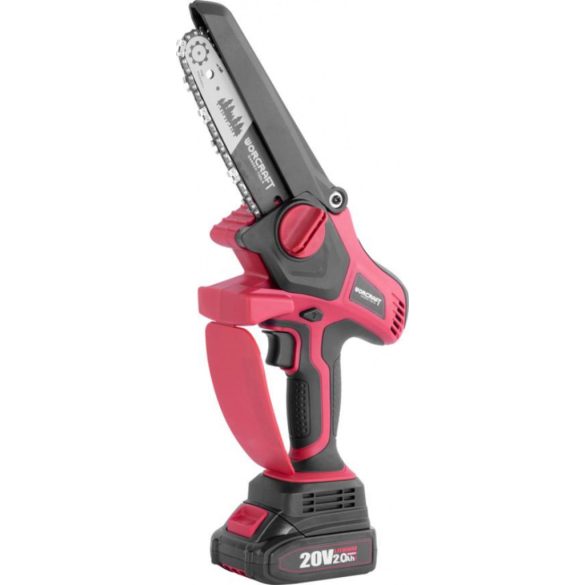 Akkumulátoros láncfűrész, Worcraft CHS-S20LiBPM ShareSYS, piros/fekete, mini, 2 Ah 20 V Li-Ion, vezetősín: 15 cm, 7,5 m/s láncsebesség, akkumulátorral, töltővel, láncolajjal, kofferben
