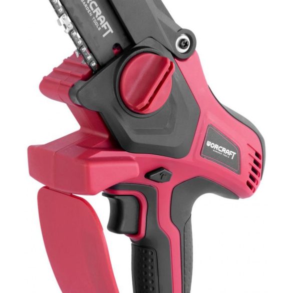 Akkumulátoros láncfűrész, Worcraft CHS-S20LiBPM ShareSYS, piros/fekete, mini, 2 Ah 20 V Li-Ion, vezetősín: 15 cm, 7,5 m/s láncsebesség, akkumulátorral, töltővel, láncolajjal, kofferben