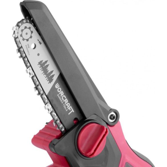 Akkumulátoros láncfűrész, Worcraft CHS-S20LiBPM ShareSYS, piros/fekete, mini, 2 Ah 20 V Li-Ion, vezetősín: 15 cm, 7,5 m/s láncsebesség, akkumulátorral, töltővel, láncolajjal, kofferben