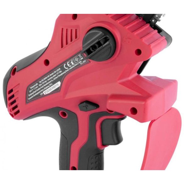 Akkumulátoros láncfűrész, Worcraft CHS-S20LiBPM ShareSYS, piros/fekete, mini, 2 Ah 20 V Li-Ion, vezetősín: 15 cm, 7,5 m/s láncsebesség, akkumulátorral, töltővel, láncolajjal, kofferben