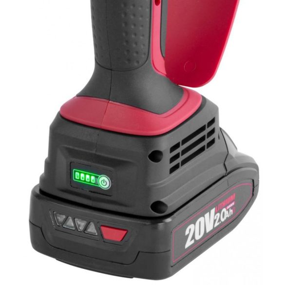 Akkumulátoros láncfűrész, Worcraft CHS-S20LiBPM ShareSYS, piros/fekete, mini, 2 Ah 20 V Li-Ion, vezetősín: 15 cm, 7,5 m/s láncsebesség, akkumulátorral, töltővel, láncolajjal, kofferben