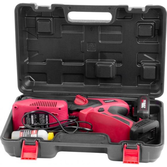 Akkumulátoros láncfűrész, Worcraft CHS-S20LiBPM ShareSYS, piros/fekete, mini, 2 Ah 20 V Li-Ion, vezetősín: 15 cm, 7,5 m/s láncsebesség, akkumulátorral, töltővel, láncolajjal, kofferben