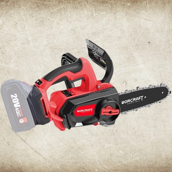 Akkumulátoros láncfűrész, Worcraft CGC-S20LiB ShareSYS, piros/fekete, 4 Ah 20V Li-Ion, vezetősín: 20,5 cm, 7 m/s láncsebesség, 100 ml olajtartály, akkumulátor és töltő nélkül