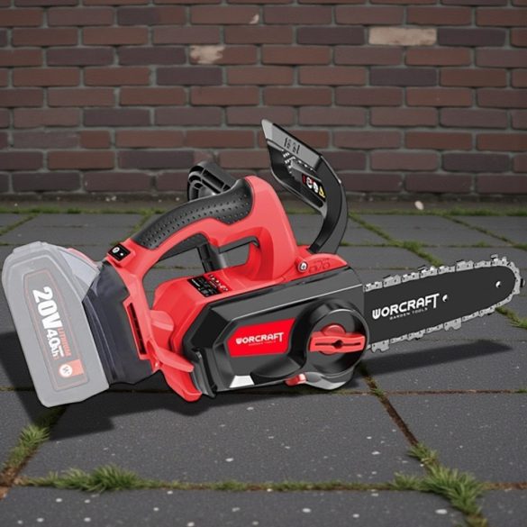 Akkumulátoros láncfűrész, Worcraft CGC-S20LiB ShareSYS, piros/fekete, 4 Ah 20V Li-Ion, vezetősín: 20,5 cm, 7 m/s láncsebesség, 100 ml olajtartály, akkumulátor és töltő nélkül