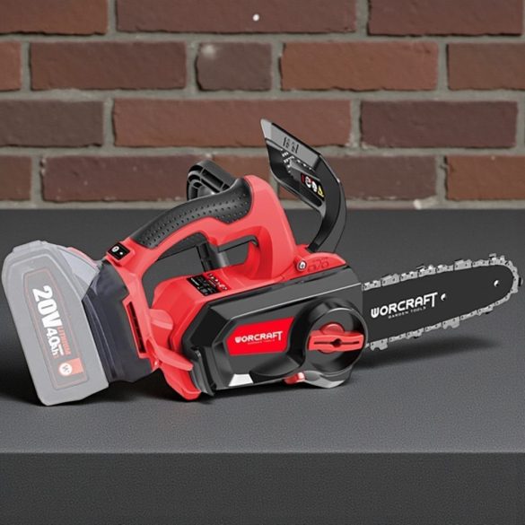 Akkumulátoros láncfűrész, Worcraft CGC-S20LiB ShareSYS, piros/fekete, 4 Ah 20V Li-Ion, vezetősín: 20,5 cm, 7 m/s láncsebesség, 100 ml olajtartály, akkumulátor és töltő nélkül