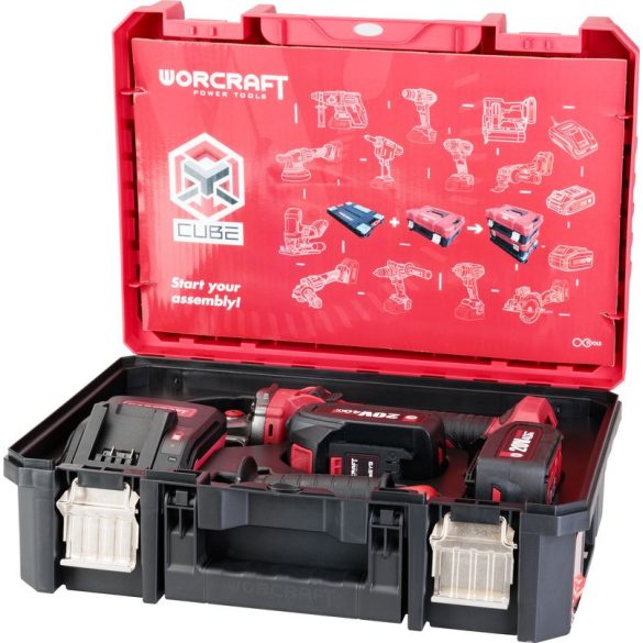 Akkumulátoros szerszámgépkészlet, Worcraft XCUBE003 ShareSYS Toolbox készlet, CAG-S20LiBS-125 sarokcsiszoló, 125 mm tárcsa + 2 x 4,0 Ah akkumulátor + töltő, 8 literes Toolbox