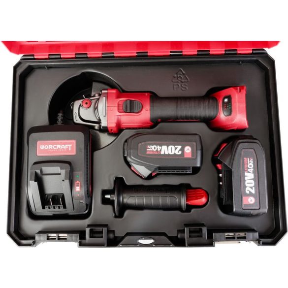 Akkumulátoros szerszámgépkészlet, Worcraft XCUBE003 ShareSYS Toolbox készlet, CAG-S20LiBS-125 sarokcsiszoló, 125 mm tárcsa + 2 x 4,0 Ah akkumulátor + töltő, 8 literes Toolbox