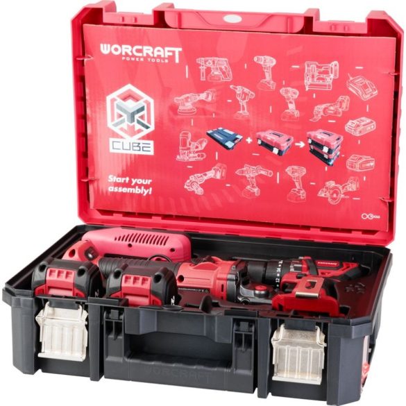 Akkumulátoros szerszámgépkészlet, Worcraft XCUBE001 ShareSYS, 1 db Worcraft CHD-S20LiBA csavarbehajtó és Worcraft CAG-S20LiBS-125 sarokcsiszoló, 2 x 4,0 Ah akkumulátorral és töltővel, kofferben