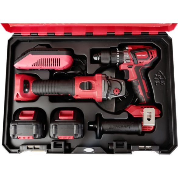 Akkumulátoros szerszámgépkészlet, Worcraft XCUBE001 ShareSYS, 1 db Worcraft CHD-S20LiBA csavarbehajtó és Worcraft CAG-S20LiBS-125 sarokcsiszoló, 2 x 4,0 Ah akkumulátorral és töltővel, kofferben