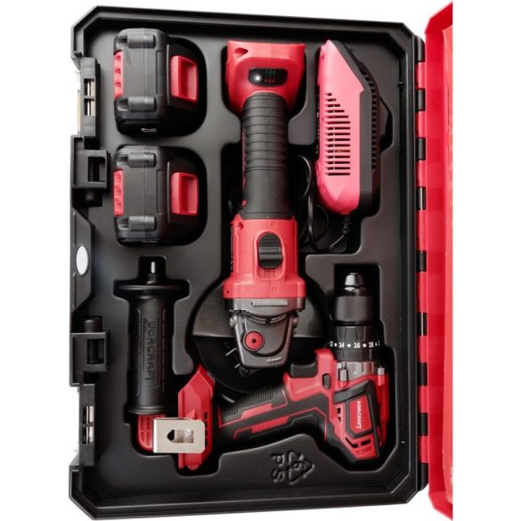 Akkumulátoros szerszámgépkészlet, Worcraft XCUBE001 ShareSYS, 1 db Worcraft CHD-S20LiBA csavarbehajtó és Worcraft CAG-S20LiBS-125 sarokcsiszoló, 2 x 4,0 Ah akkumulátorral és töltővel, kofferben