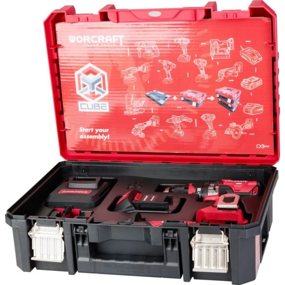 Akkumulátoros szerszámgépkészlet, Worcraft XCUBE004 ShareSYS Toolbox készlet, CHD-S20LiBH csavarbehajtó 20 V, szénkefe nélküli + 1 x 4,0 Ah akkumulátor + töltő, 8 literes Toolbox
