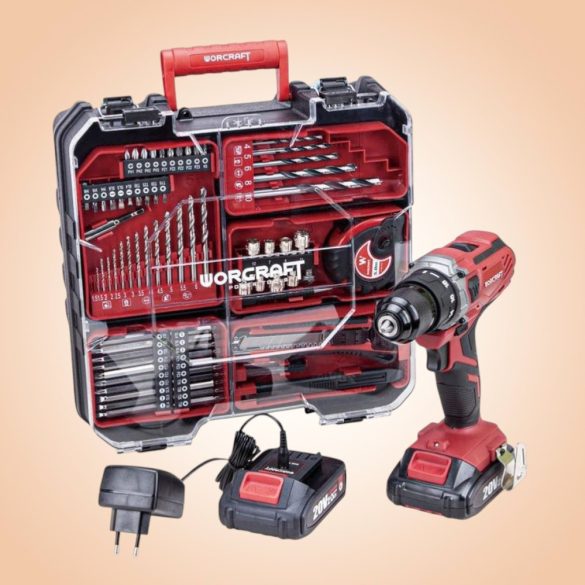 Akkumulátoros fúró-csavarozó, Worcraft CD-S20LiWT ShareSYS, piros/fekete, 40 Nm, 0-1400 fordulat/perc, 20 V Li-Ion, 2 x 2,0 Ah, akkumulátorral, töltővel, tartozékokkal, hordtáskában