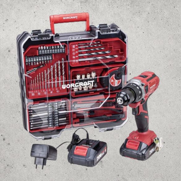 Akkumulátoros fúró-csavarozó, Worcraft CD-S20LiWT ShareSYS, piros/fekete, 40 Nm, 0-1400 fordulat/perc, 20 V Li-Ion, 2 x 2,0 Ah, akkumulátorral, töltővel, tartozékokkal, hordtáskában
