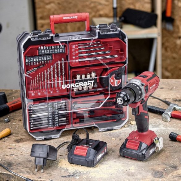 Akkumulátoros fúró-csavarozó, Worcraft CD-S20LiWT ShareSYS, piros/fekete, 40 Nm, 0-1400 fordulat/perc, 20 V Li-Ion, 2 x 2,0 Ah, akkumulátorral, töltővel, tartozékokkal, hordtáskában