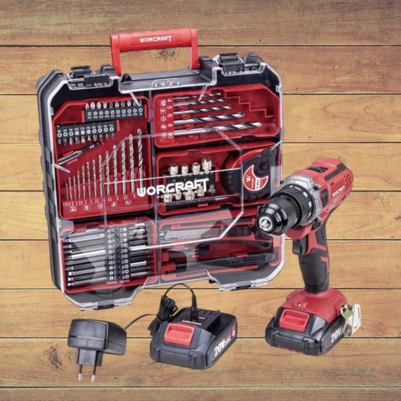 Akkumulátoros fúró-csavarozó, Worcraft CD-S20LiWT ShareSYS, piros/fekete, 40 Nm, 0-1400 fordulat/perc, 20 V Li-Ion, 2 x 2,0 Ah, akkumulátorral, töltővel, tartozékokkal, hordtáskában