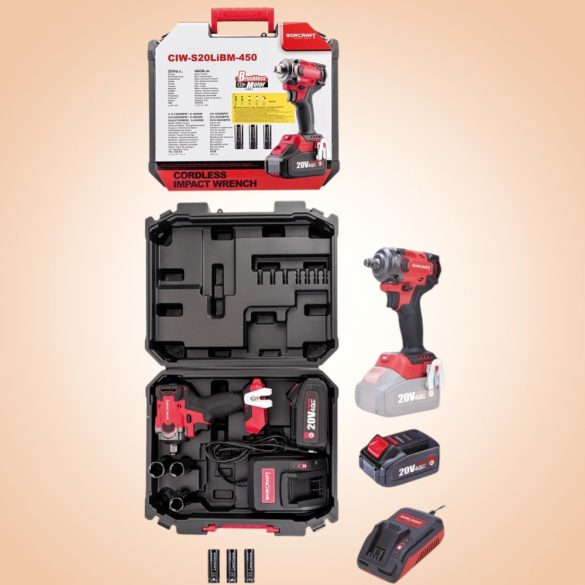 Akkumulátoros ütvecsavarozó, Worcraft CIW-S20LiBM-450 ShareSYS, fekete/piros, 450 Nm, 20 V Li-Ion, 4,0 Ah, akkumulátorral, töltővel, dugókulcsokkal, hordtáskában