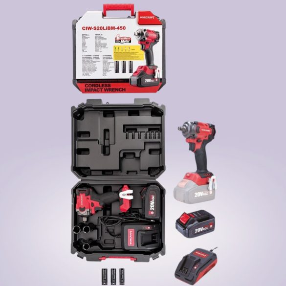 Akkumulátoros ütvecsavarozó, Worcraft CIW-S20LiBM-450 ShareSYS, fekete/piros, 450 Nm, 20 V Li-Ion, 4,0 Ah, akkumulátorral, töltővel, dugókulcsokkal, hordtáskában